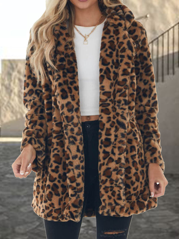 Leopard Collared Neck Coat with Pockets Mocha - Fashorio