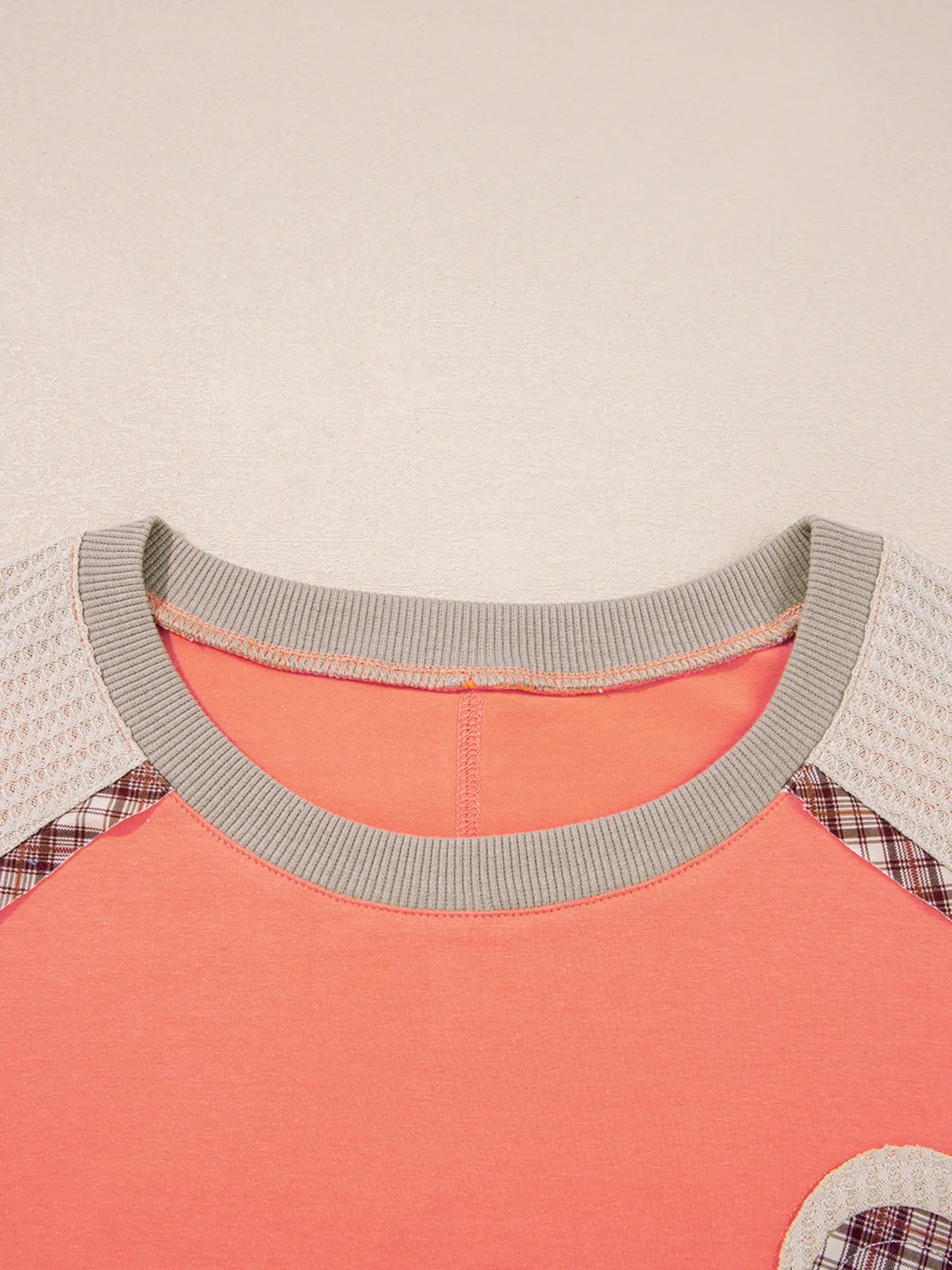 Plaid Waffle Flower Patchwork Contrast Top - Fashorio