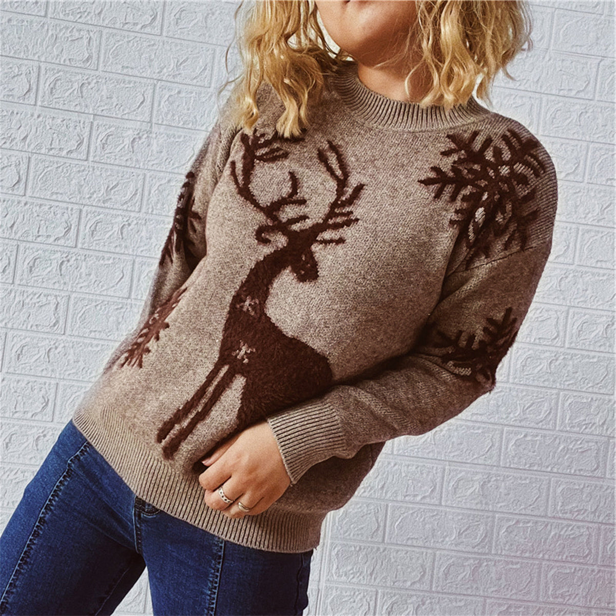 Reindeer and Snowflake Pattern Sweater - Fashorio