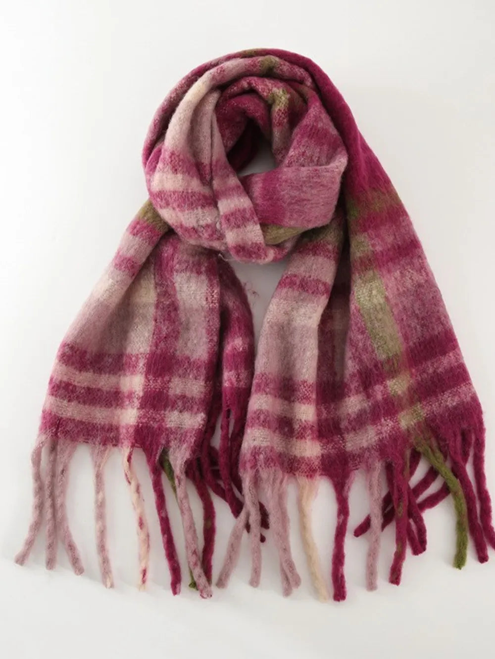 Fringe Plaid Polyester Scarf Cerise One Size - Fashorio