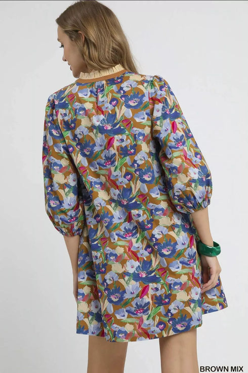 Umgee Boho Floral Balloon Sleeve Mini Dress - Fashorio