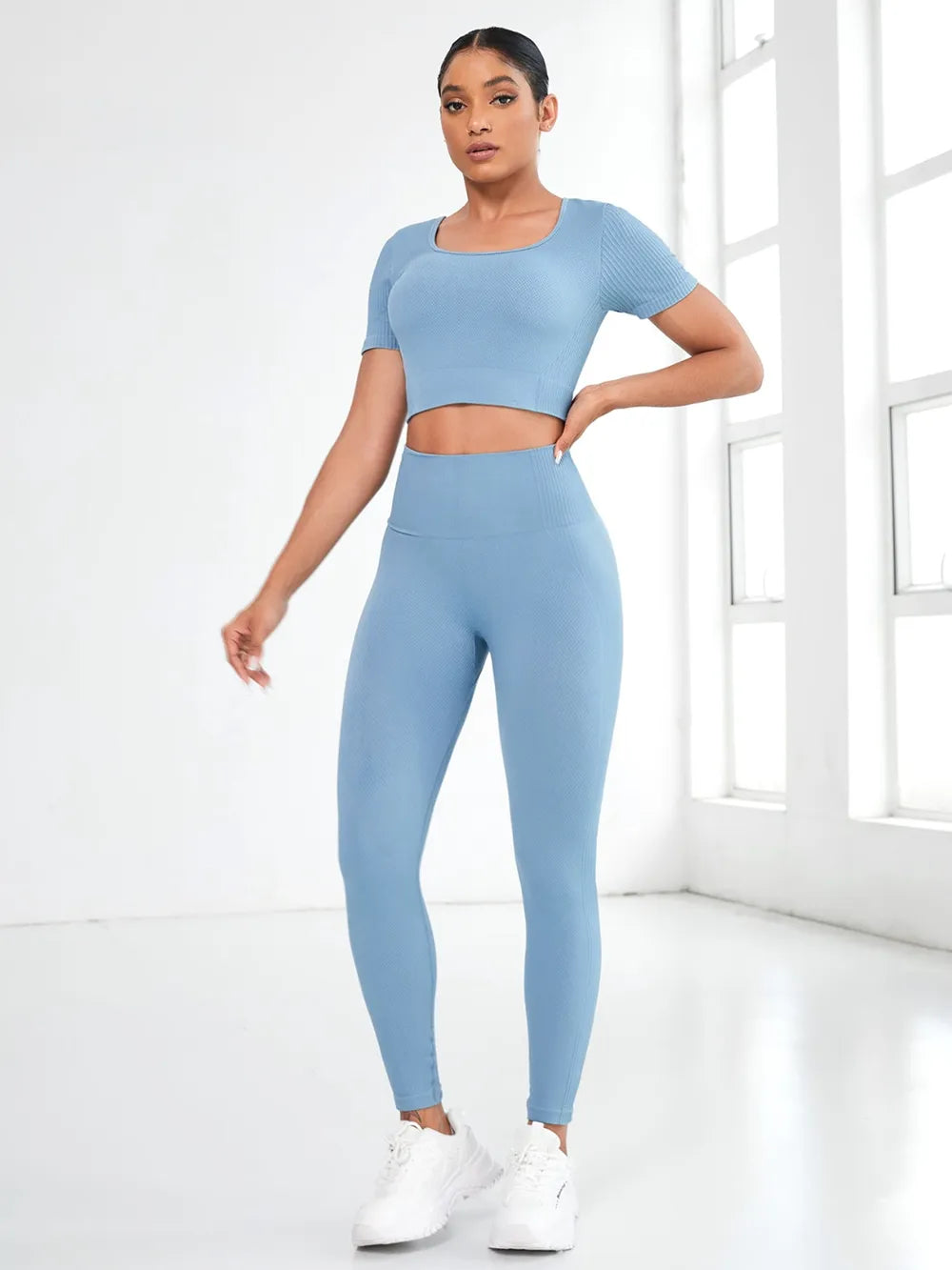 Round Neck Short Sleeve Top and Leggings Active Set - Fashorio