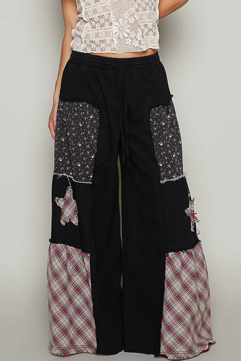 POL Drawstring Star Patch Contrast Wide Leg Pants Black - Fashorio
