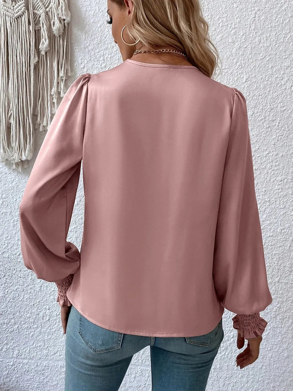 Surplice Smocked Lantern Sleeve Blouse - Fashorio