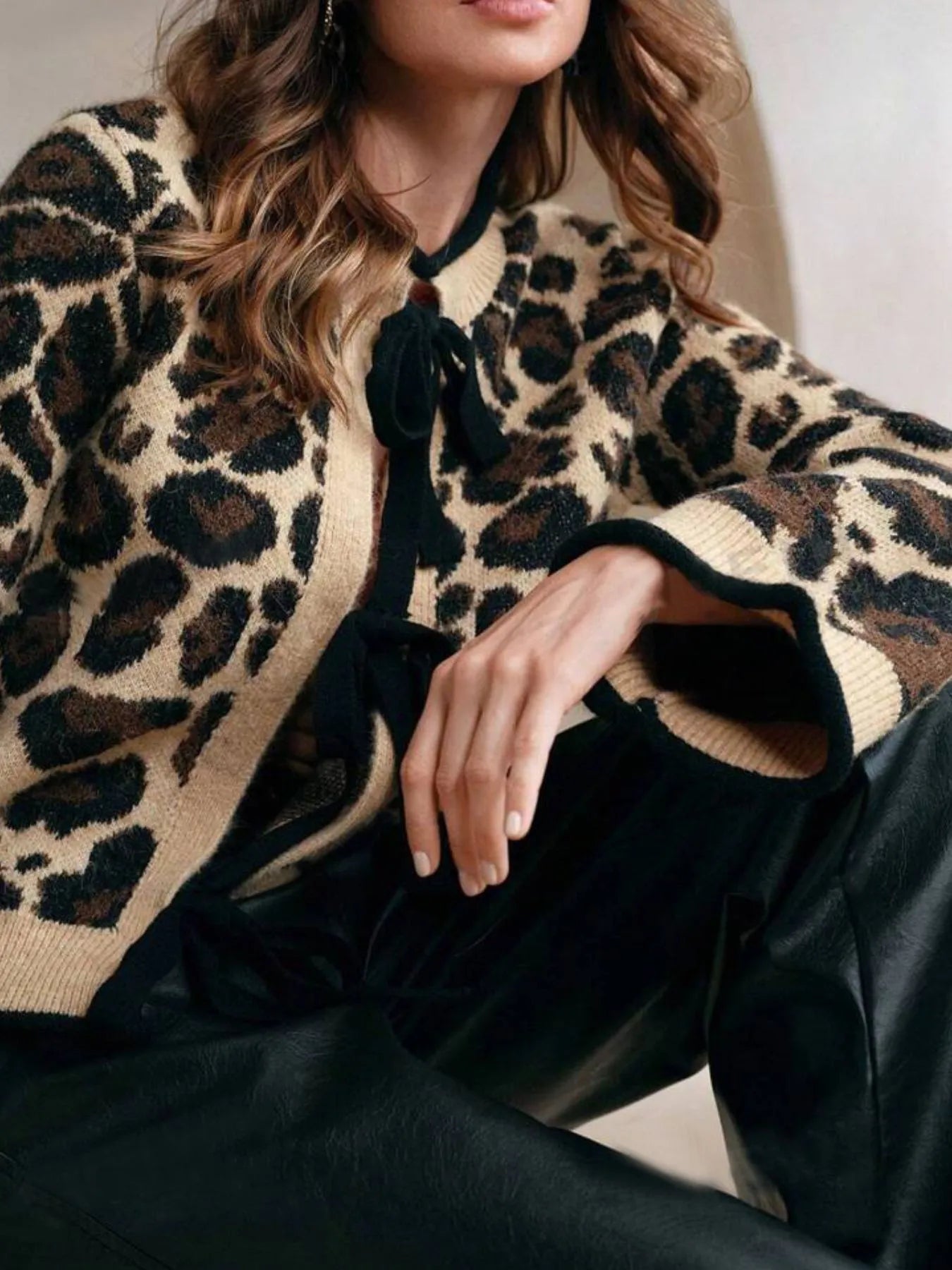 Leopard Print Bow-Tie Front Cropped Cardigan - Fashorio
