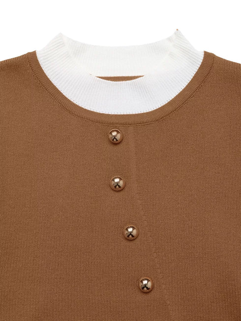 Decor Button Contrast Hem Knit Top - Fashorio