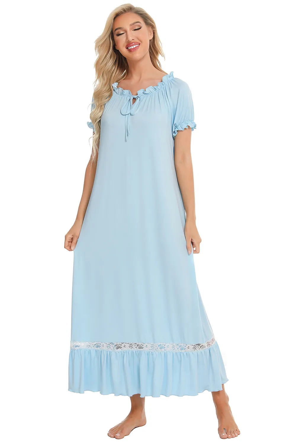 Lace Detail Short Sleeve Lounge Dress - Fashorio