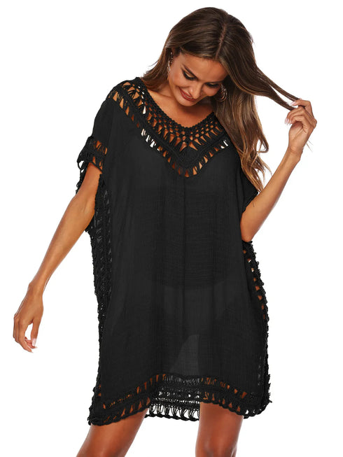 Bohemian Crochet Trim Beach Cover Up Dress Black One Size - Fashorio