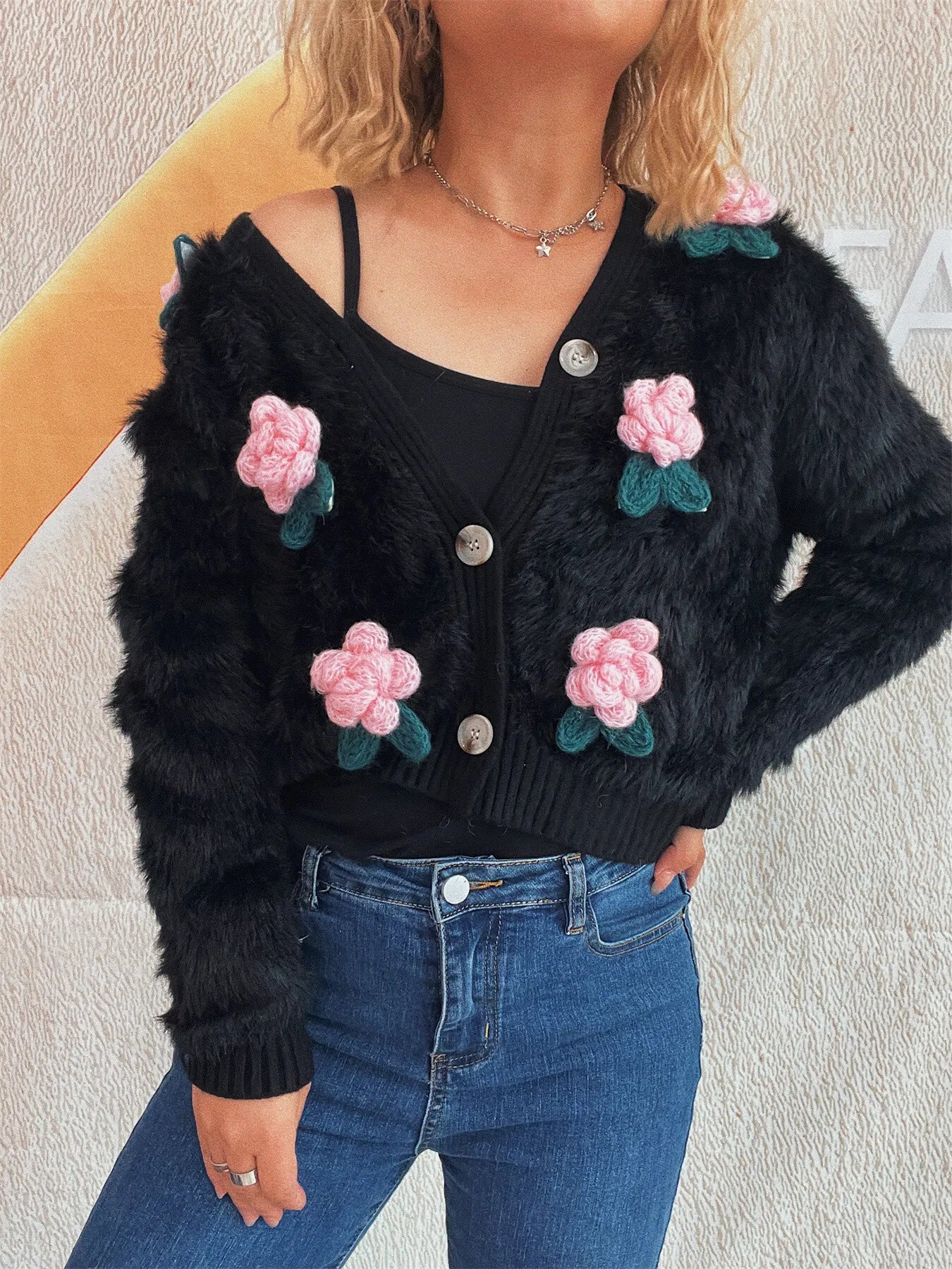 Flower Fuzzy Button-Up Cardigan - Fashorio