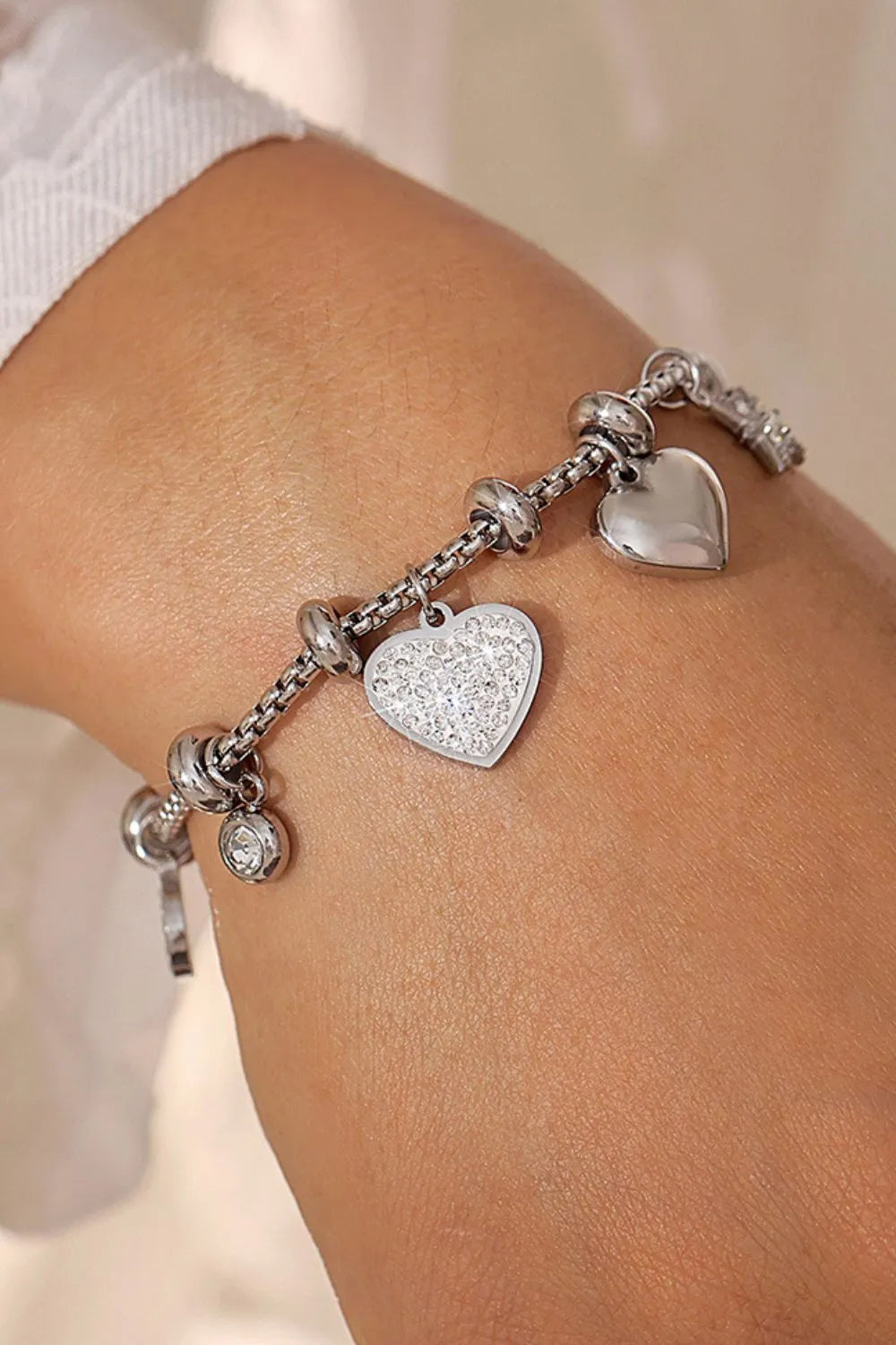 Titanium Steel Inland Zircon Heart Charm Bracelet Silver One Size - Fashorio
