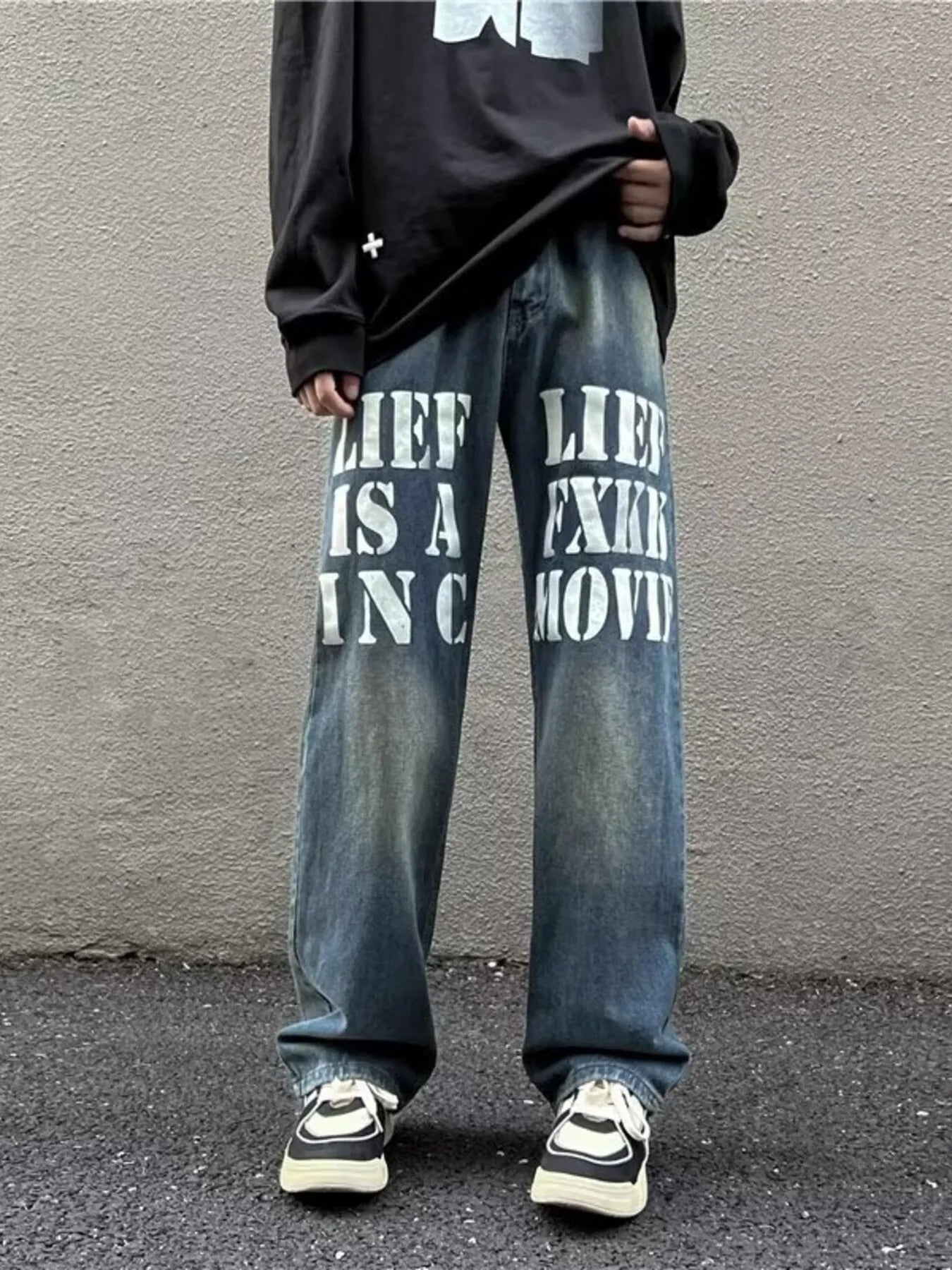 Men's Full Size Letter Graphic Wide Leg Jeans Plus Size - Fashorio
