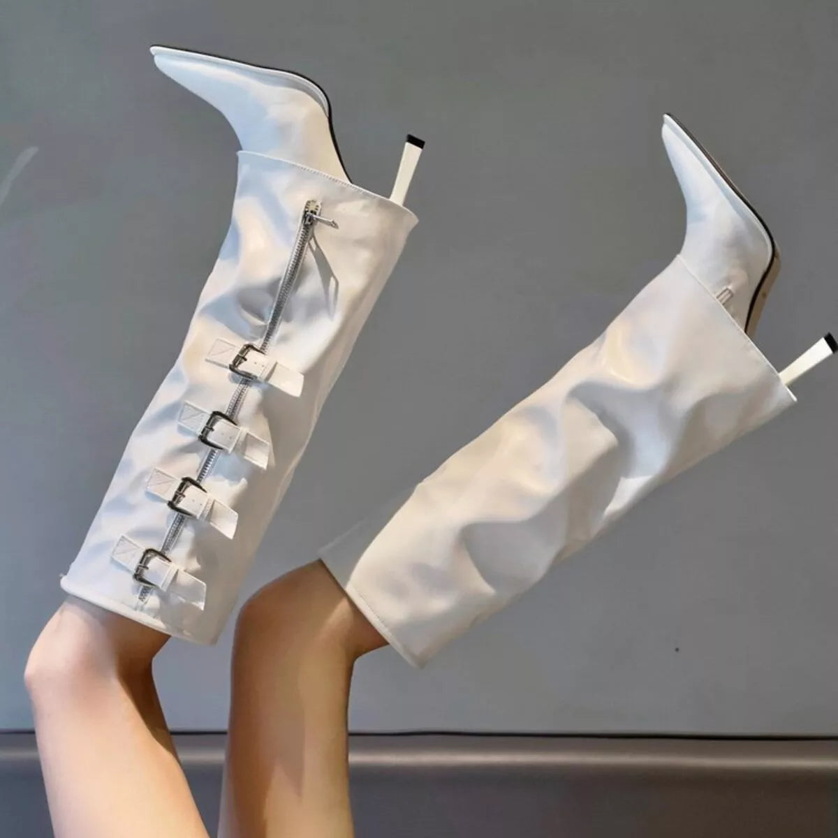 Point Toe Buckle Stiletto Boots - Fashorio