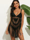 Crochet Fringe Beach Cover Up Black One Size - Fashorio