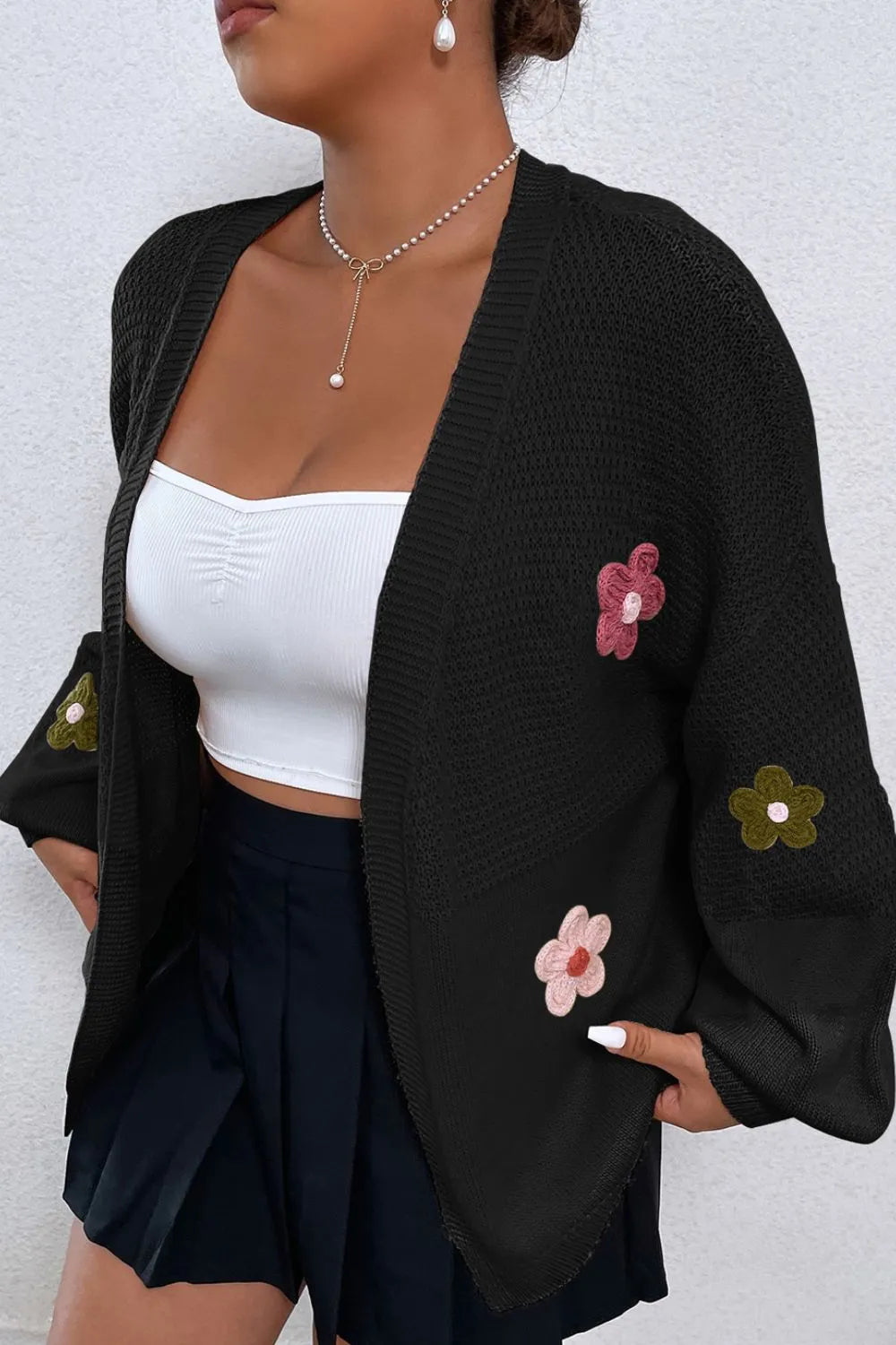 Floral Applique Drop Shoulder Open Front Cardigan Black - Fashorio