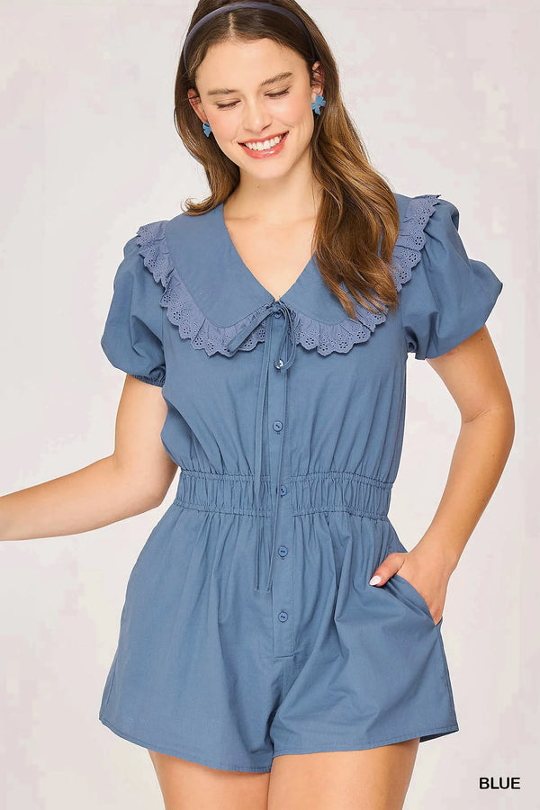 Umgee Collared Short Sleeve Button Down Romper Blue - Fashorio