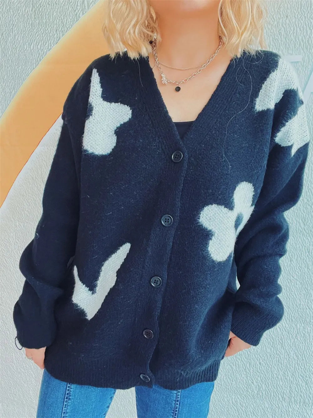 Flower Button Down V-Neck Long Sleeve Cardigan - Fashorio