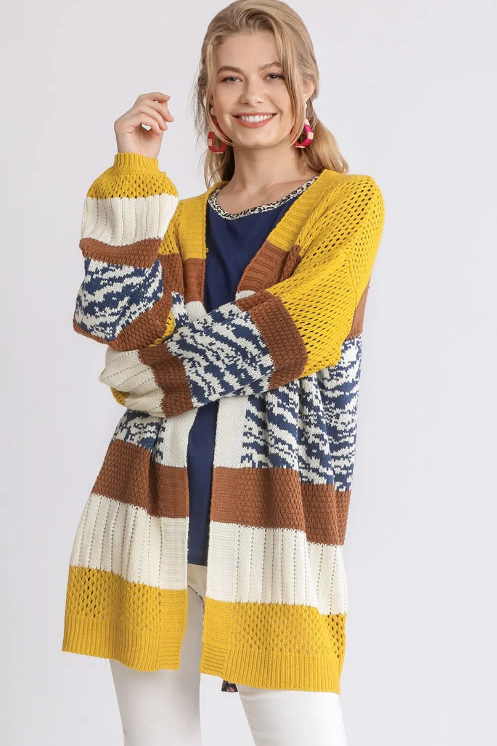 Umgee Full Size Color Block Open Front Longline Cardigan Plus Size GOLD BROWN - Fashorio