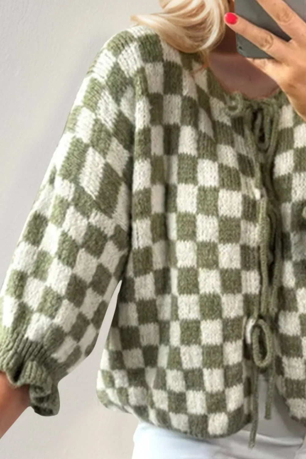 Double Take Tied Checkered Dropped Shoulder Flounce Sleeve Cardigan - Fashorio