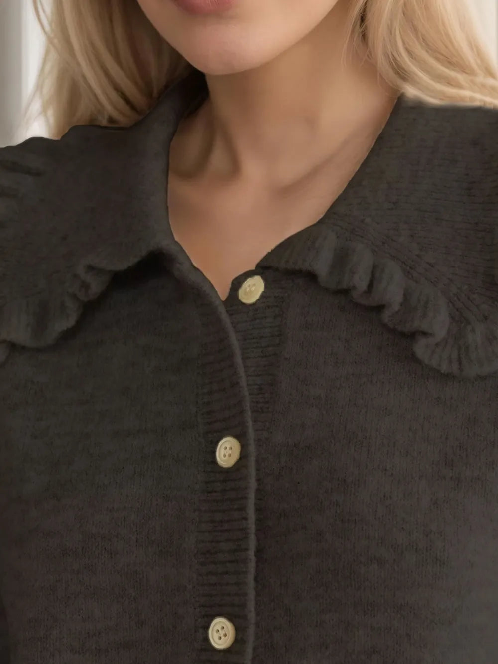 Frill Button Up Collared Neck Long Sleeve Cardigan - Fashorio