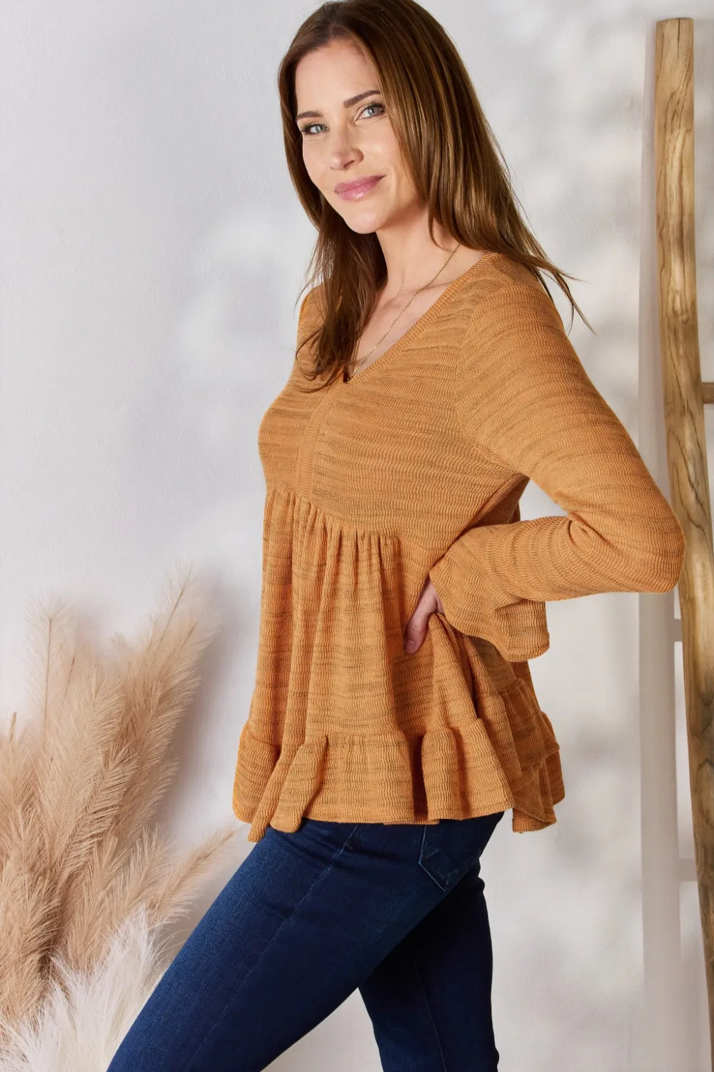 Hailey & Co Full Size V-Neck Flounce Sleeve Blouse - Fashorio