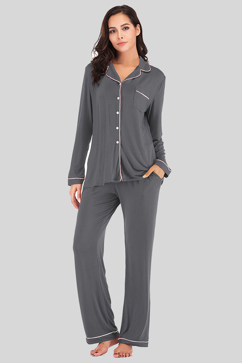 Collared Neck Long Sleeve Loungewear Set with Pockets Charcoal - Fashorio