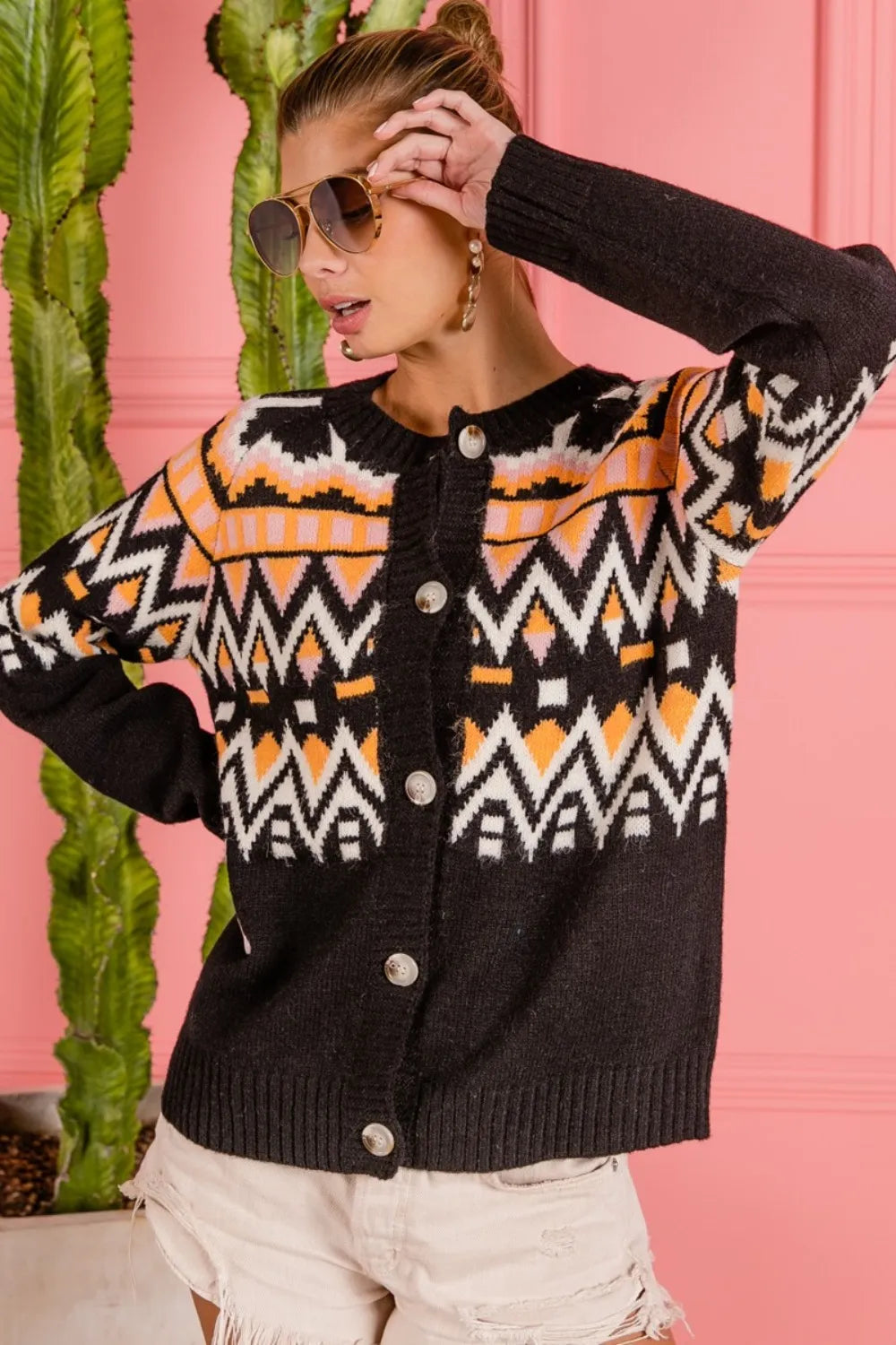 BiBi Ethnic Pattern Button Up Knit Cardigan - Fashorio