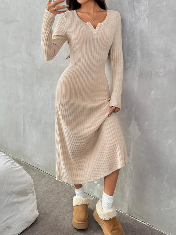Ribbed Long Sleeve Knit Dress Off-white - Fashorio