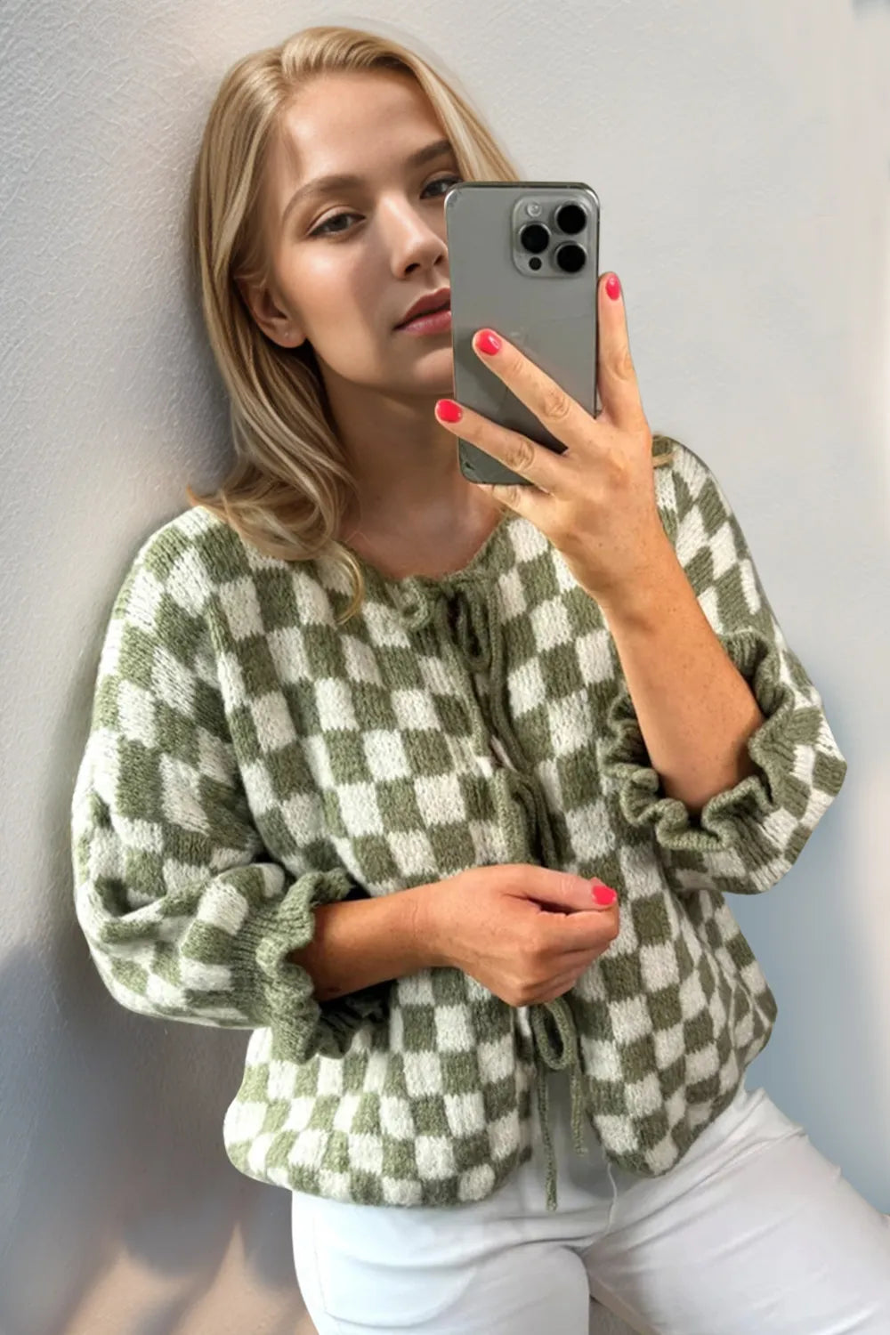 Double Take Tied Checkered Dropped Shoulder Flounce Sleeve Cardigan Matcha Green - Fashorio