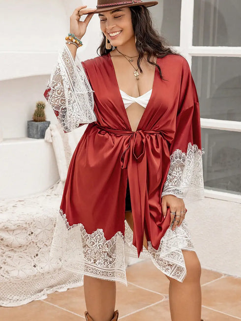 Plus Size Lace Patchwork Tie Front Robe - Fashorio