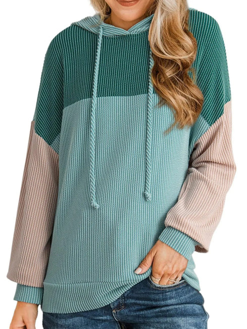 Drawstring Color Block Long Sleeve Hoodie Green - Fashorio