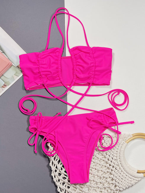 Halter Neck Drawstring Detail Bikini Set - Removable Pads - Fashorio