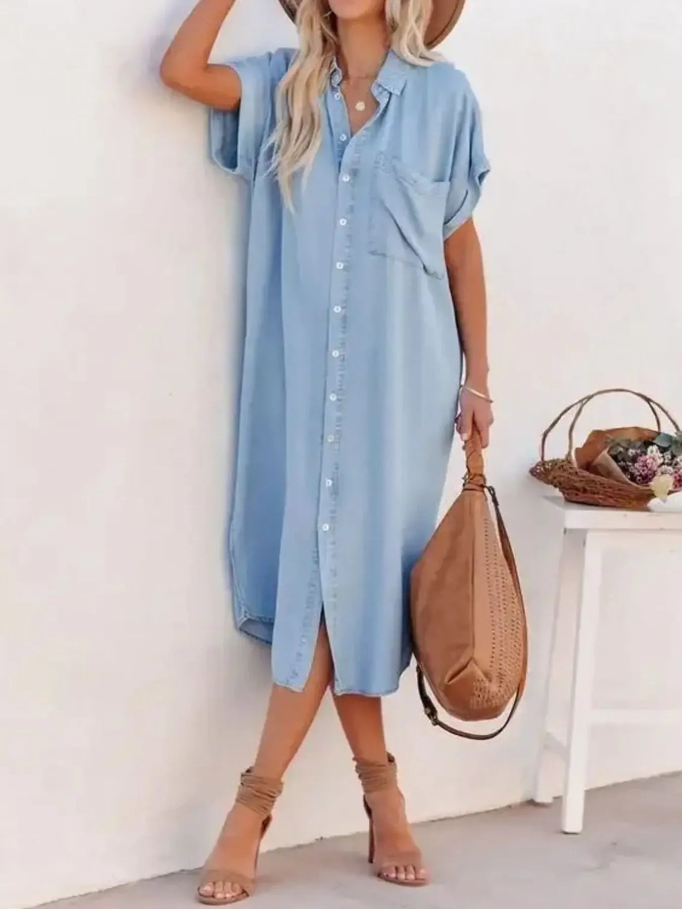 Button Down Denim Midi Shirt Dress - Fashorio