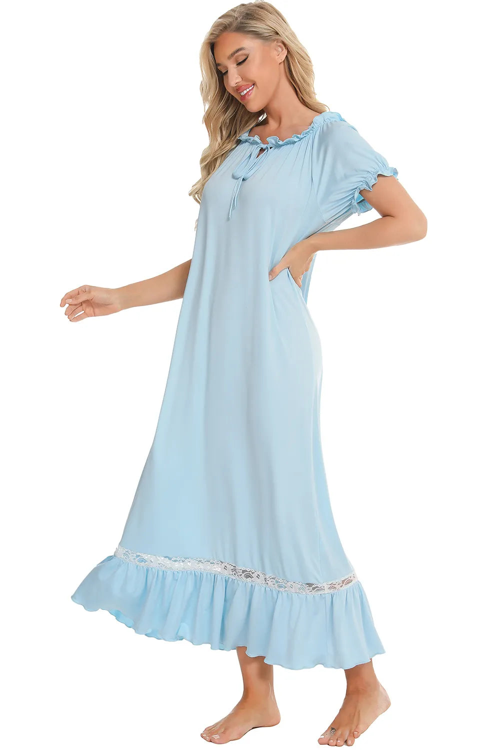 Lace Detail Short Sleeve Lounge Dress - Fashorio