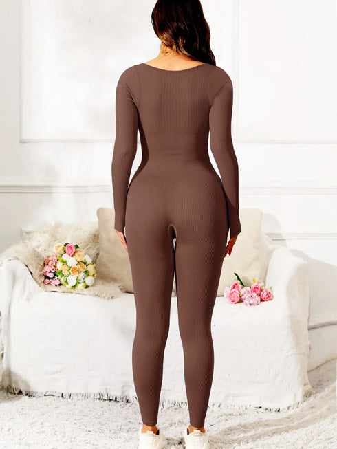 Scoop Neck Long Sleeve Active Jumpsuit - Fashorio