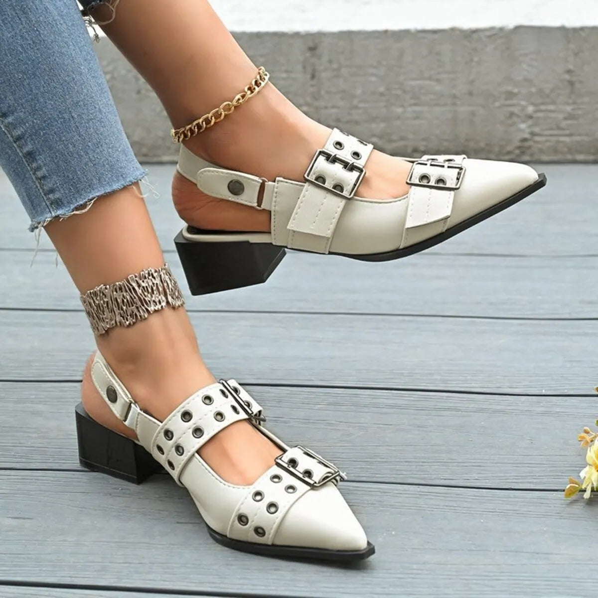 Point Toe Block Heels Slingback Pumps - Fashorio