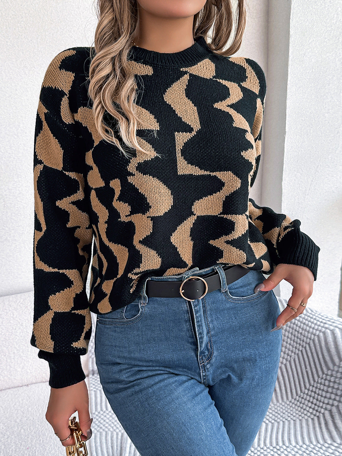 Round Neck Long Sleeve Sweater Khaki - Fashorio