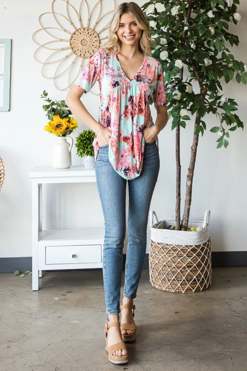 Heimish Full Size Floral V-Neck Short Sleeve Babydoll Blouse - Fashorio