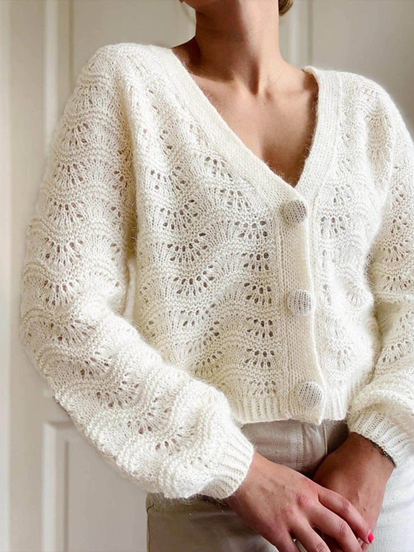 Openwork V-Neck Button Down Cardigan - Fashorio