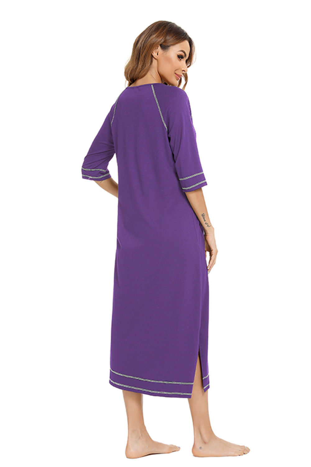 Zip Up Slit Round Neck Night Dress with Pockets - Fashorio
