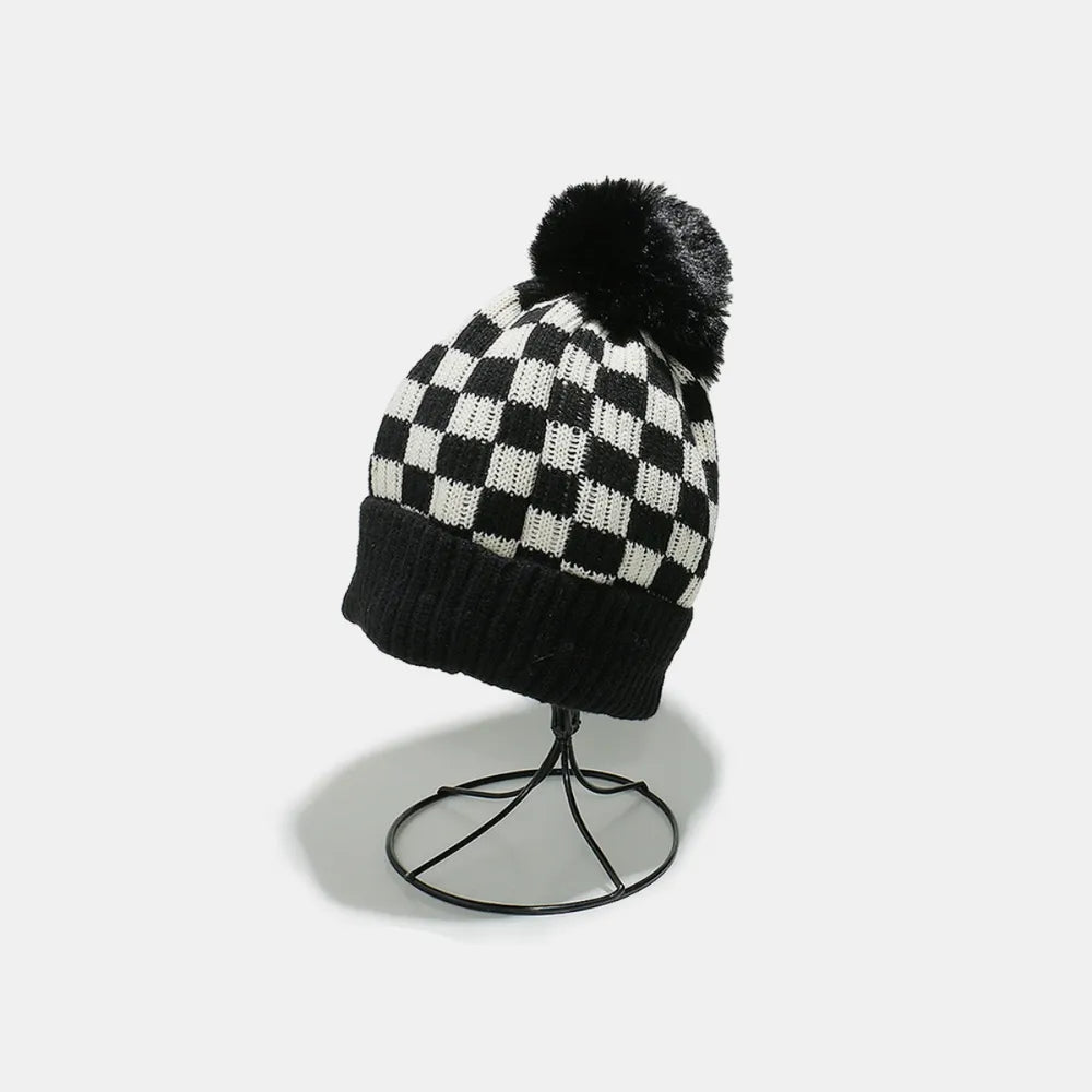 Checkered Knit Hat with Pompom Black One Size - Fashorio