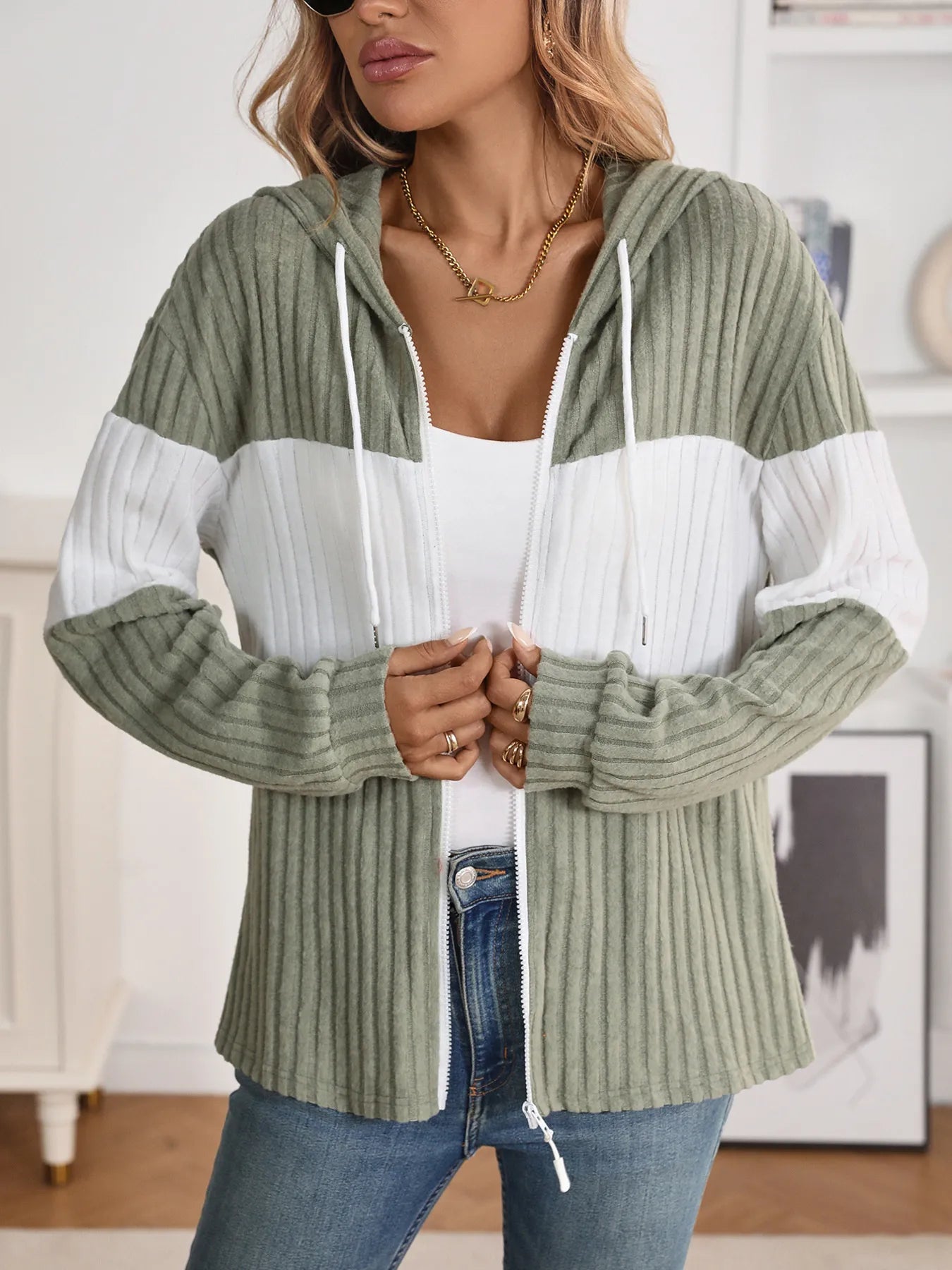 Drawstring Color Block Zip Up Outerwear - Fashorio