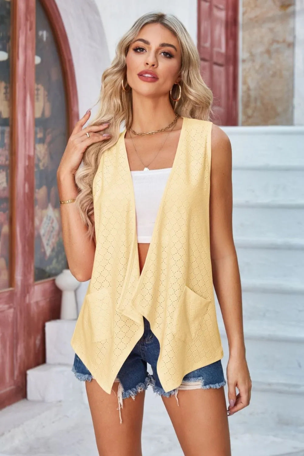 Eyelet Open Front Sleeveless Cardigan Yellow - Fashorio