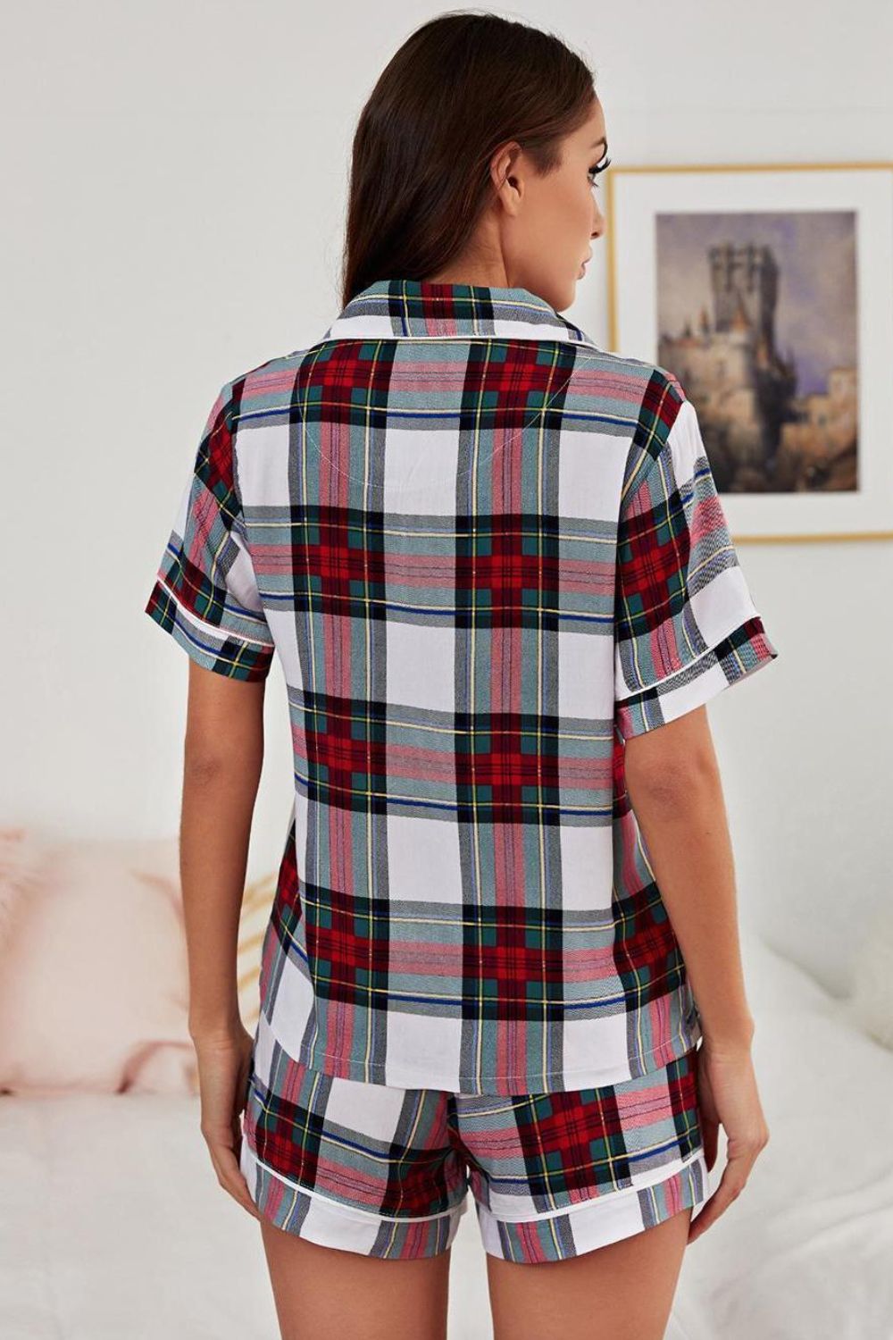 Collared Neck Short Sleeve Tied Two-Piece Lounge Set - Fashorio