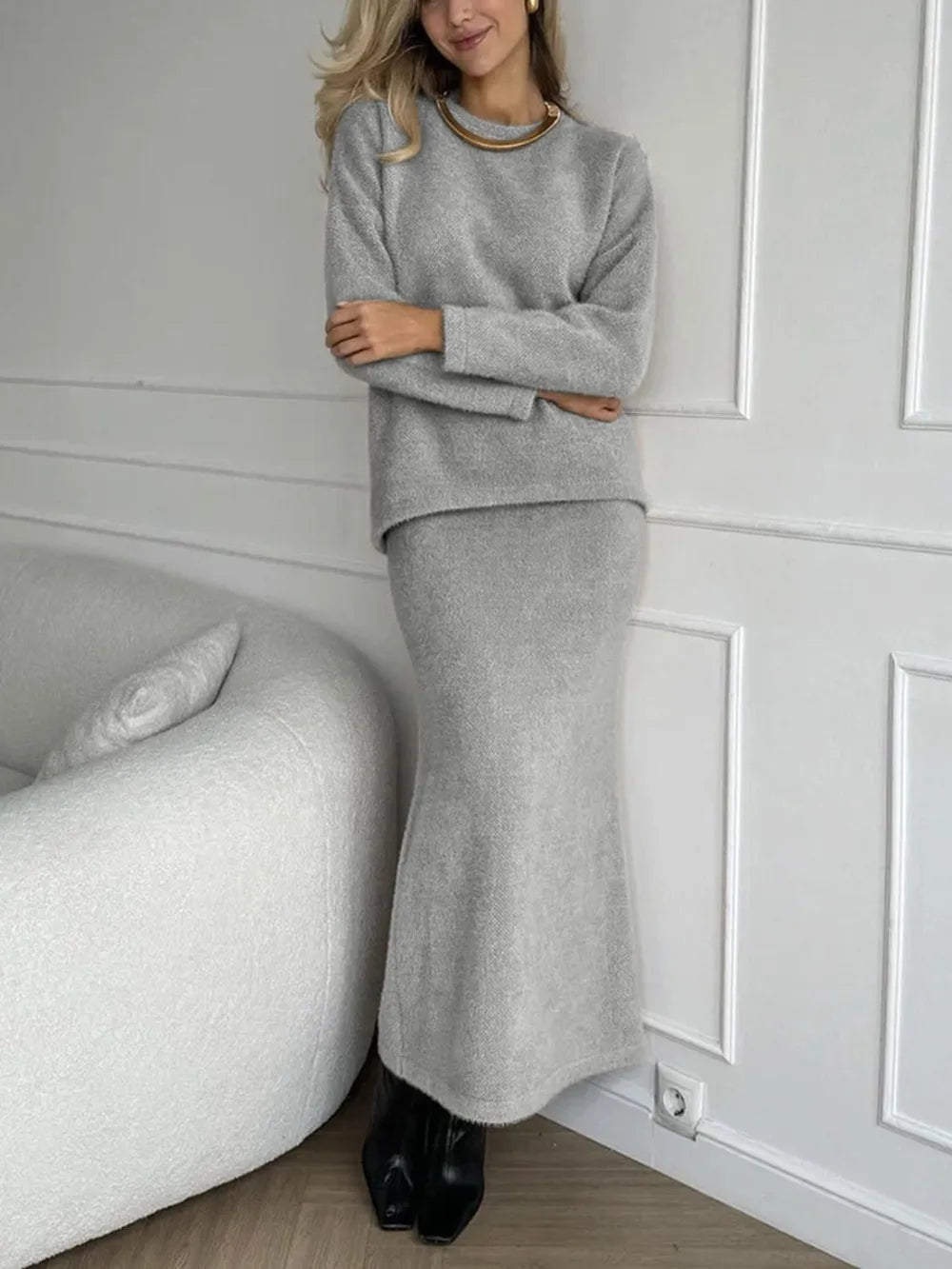 Round Neck Dropped Shoulder Top and Midi Skirt Sweater Set Gray One Size - Fashorio