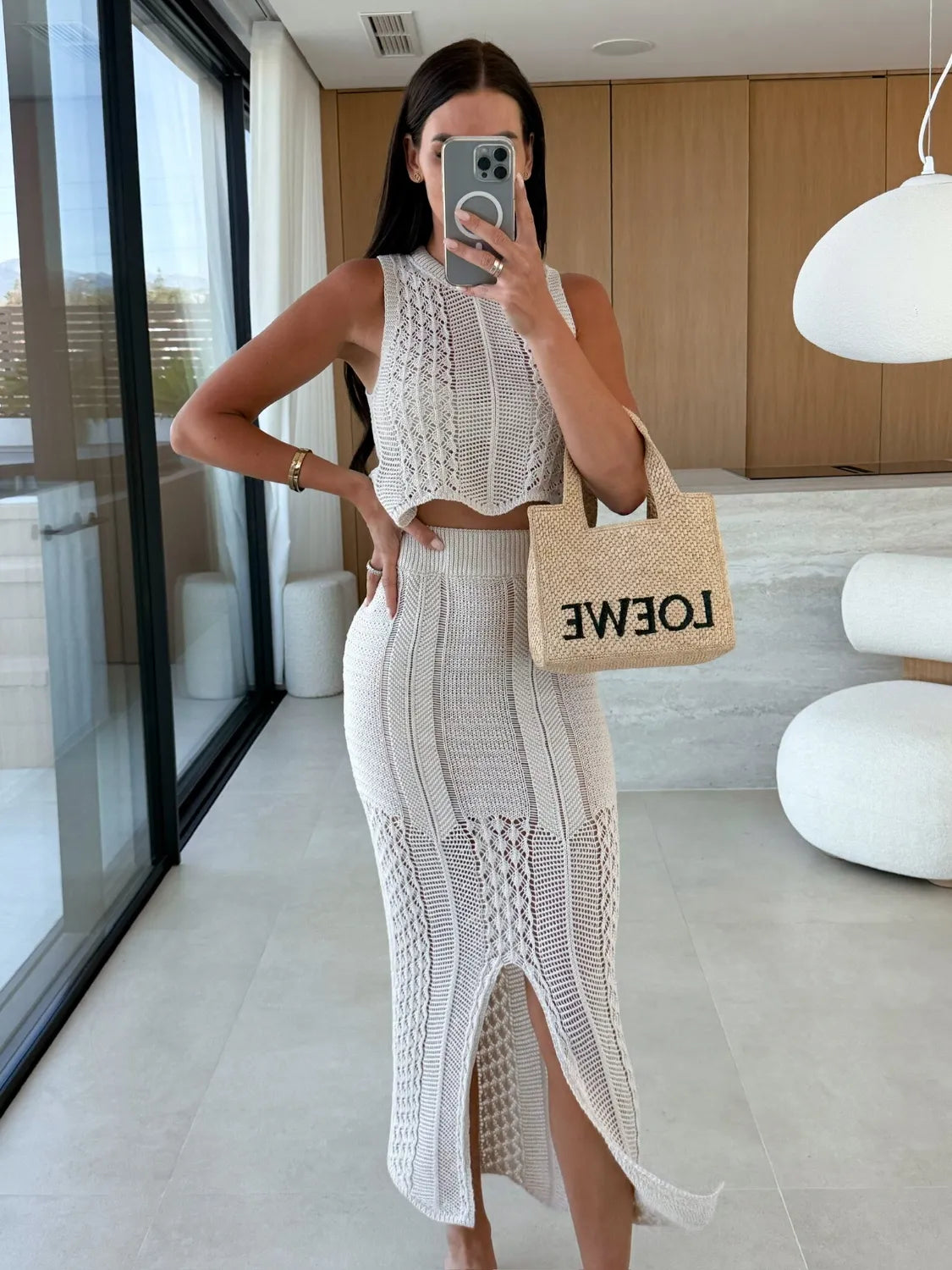 Openwork Round Neck Top and Slit Skirt Sweater Set - Fashorio