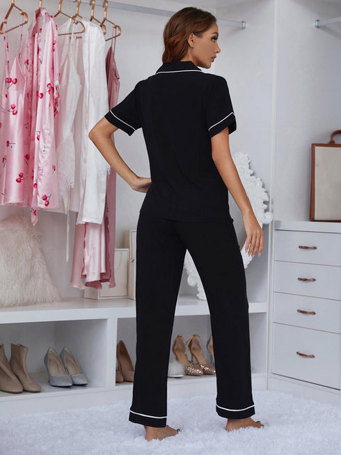 Contrast Piping Lapel Collar Short Sleeve Top and Pants Pajama Set - Fashorio