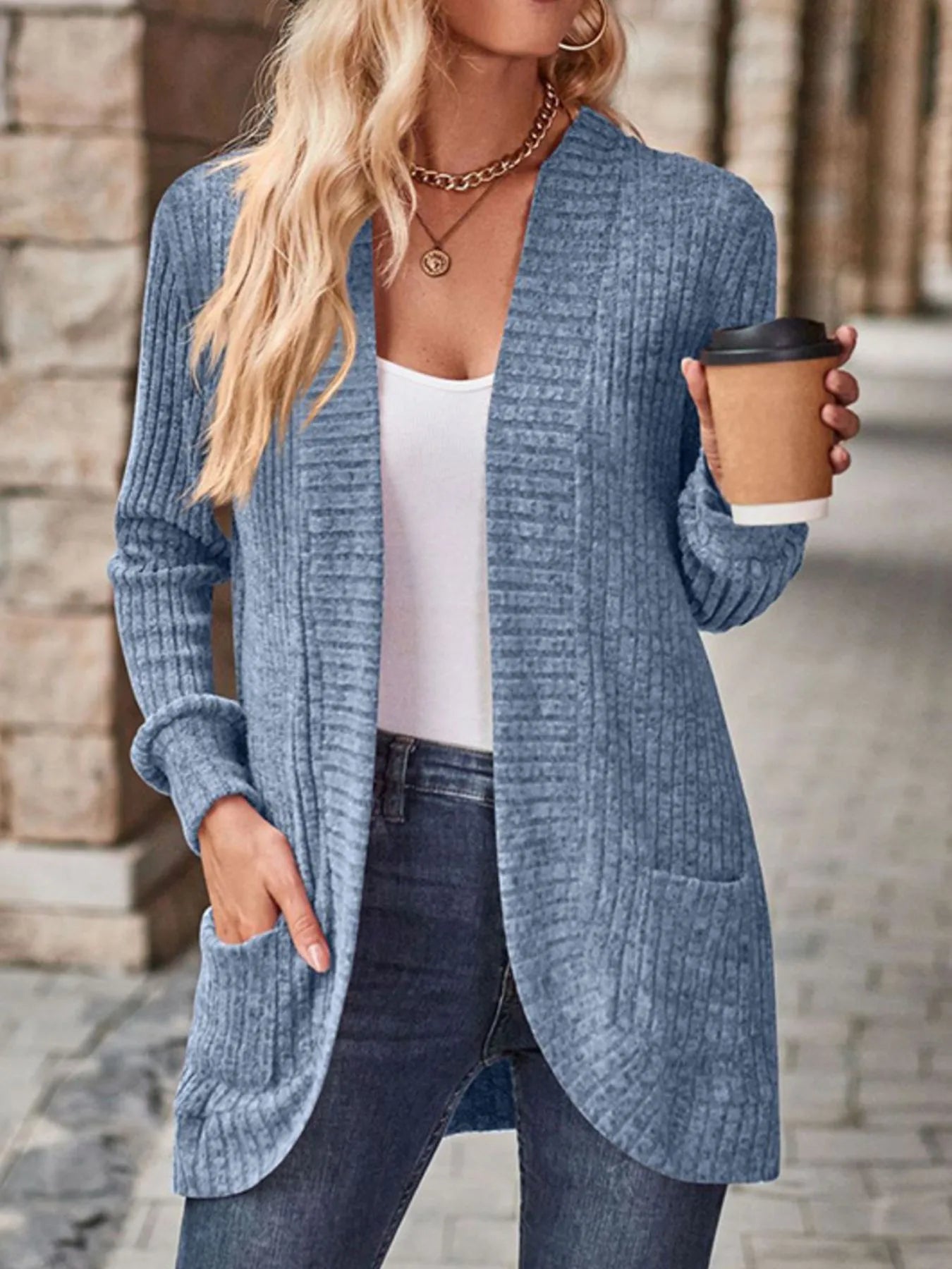 Ribbed Knit Open Front Cardigan with Pockets Blue - Fashorio