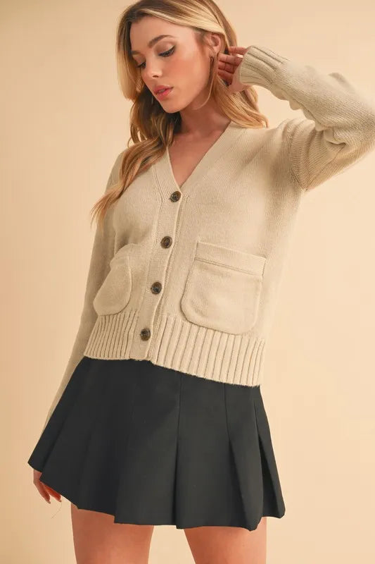 Aemi + Co Ribbed Hem Button Down V-Neck Cardigan - Fashorio