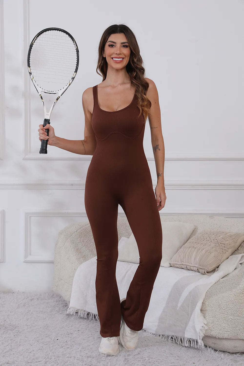 Scoop Neck Wide Strap Active Jumpsuit - Fashorio