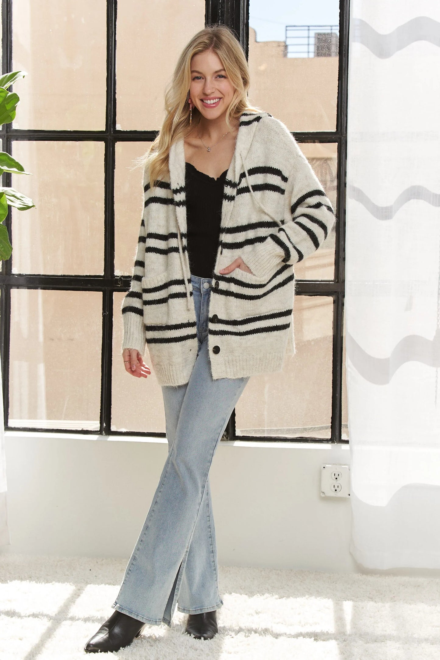 ADORA Horizontal Stripes Hoodie Cardigan - Fashorio